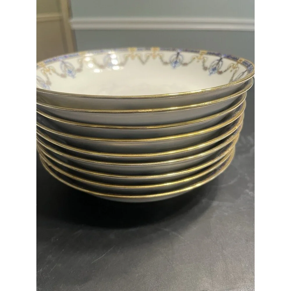 c1920’s Jean Pouyat Limoges Blue Ribbon Floral Garland Gold Rim 7.5” Soup Bowls